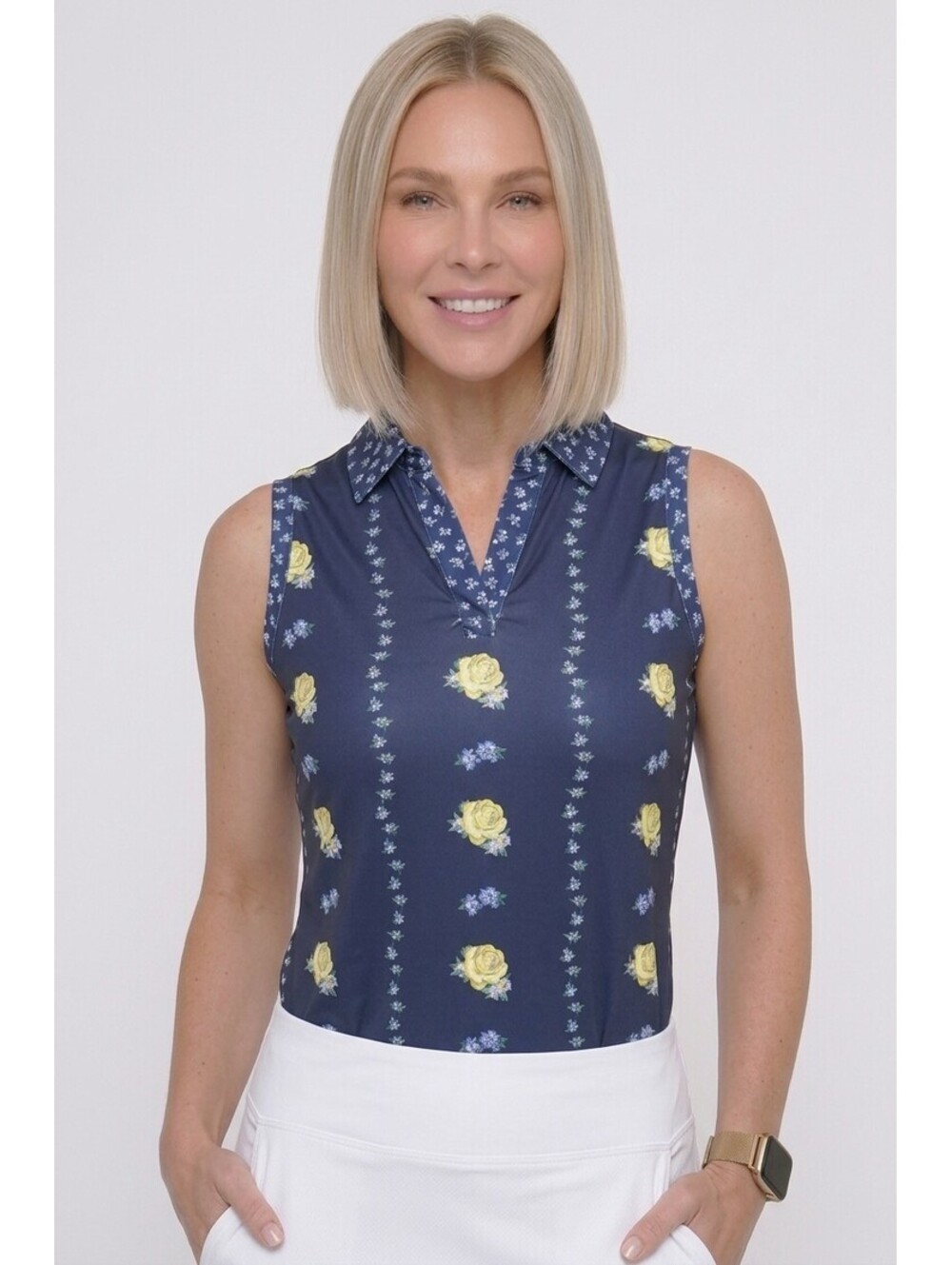 NEW BELYN KEY Floral Print Action Sleeveless Golf Shirt Top Polo Size XS NWT